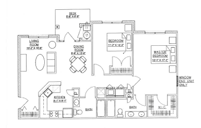 Floor plan for 2 beds, 2 baths, 1029 sqft